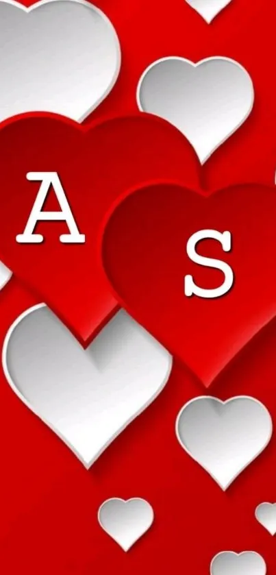 Red heart wallpaper with letters A and S on white hearts.