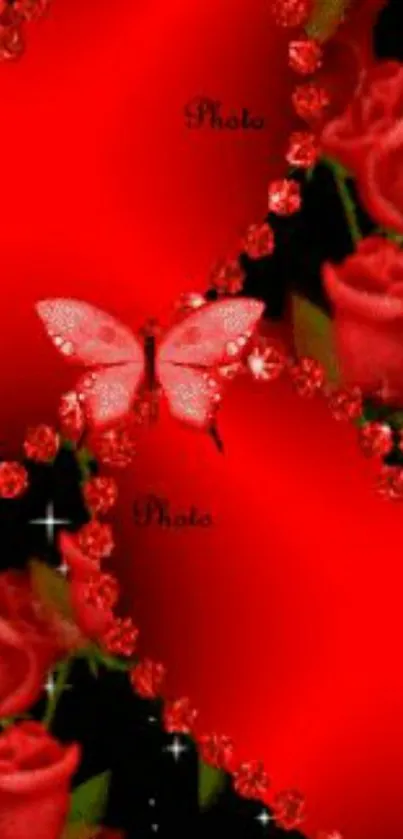 Romantic red heart wallpaper with roses and glittering butterfly.