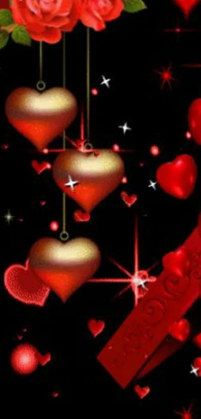 Romantic red and gold heart wallpaper with roses and stars.