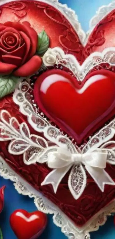 Red heart with lace and roses mobile wallpaper.