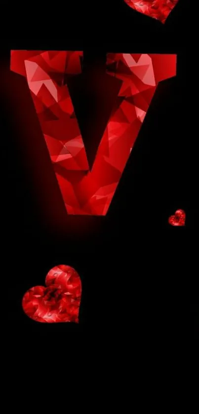 Red geometric hearts on black background wallpaper.