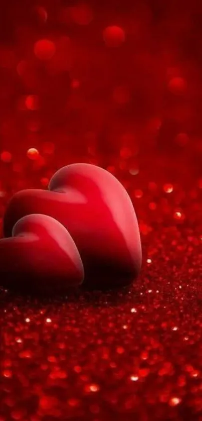 Romantic red heart wallpaper with sparkly background for mobile screen.