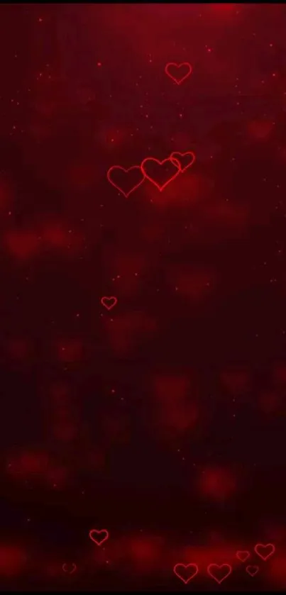 Dark red mobile wallpaper with glowing heart patterns.