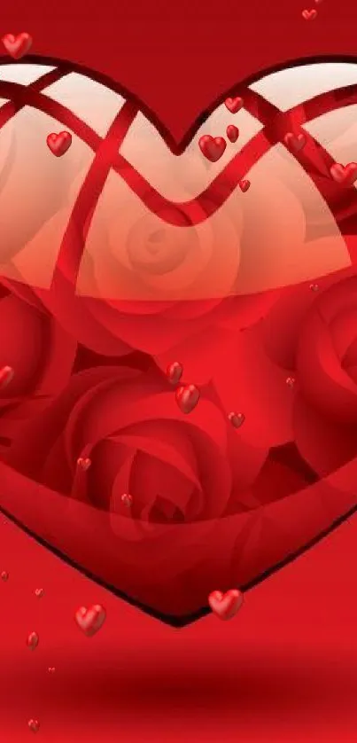 Heart-shaped design with roses on a red background.