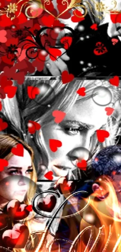 Red hearts and faces collage wallpaper design.