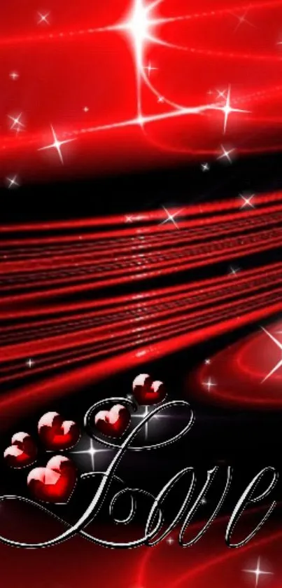 Romantic red heart wallpaper with glowing stars and elegant script.