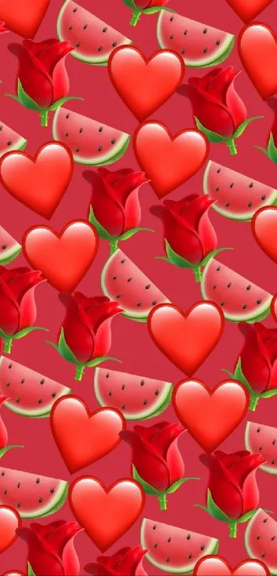 Red hearts and roses with watermelon slices wallpaper.