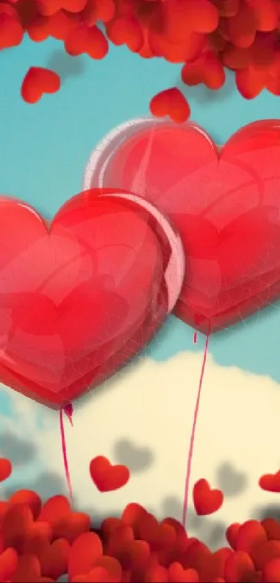 Romantic red heart balloons with blue sky.