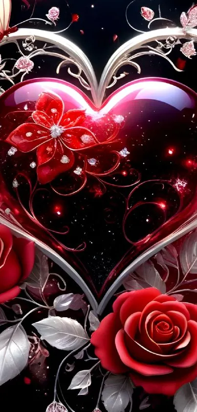 Romantic red heart and roses wallpaper with elegant details.