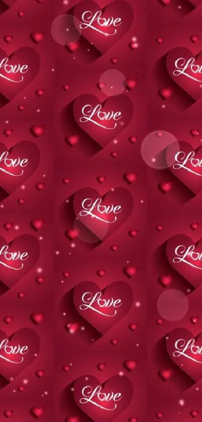 Romantic wallpaper with 'Love' hearts in red.