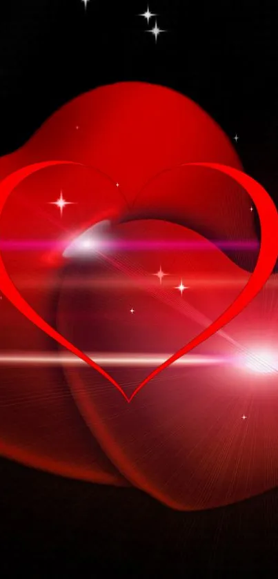 Romantic red heart with glowing design on black background wallpaper.