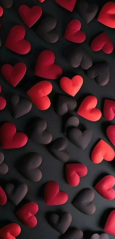 Mobile wallpaper with red and black hearts on a dark background.