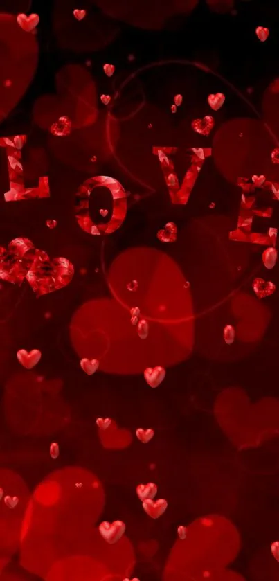 Romantic red heart wallpaper with scattered love theme.