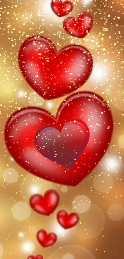Romantic red hearts with gold sparkle background