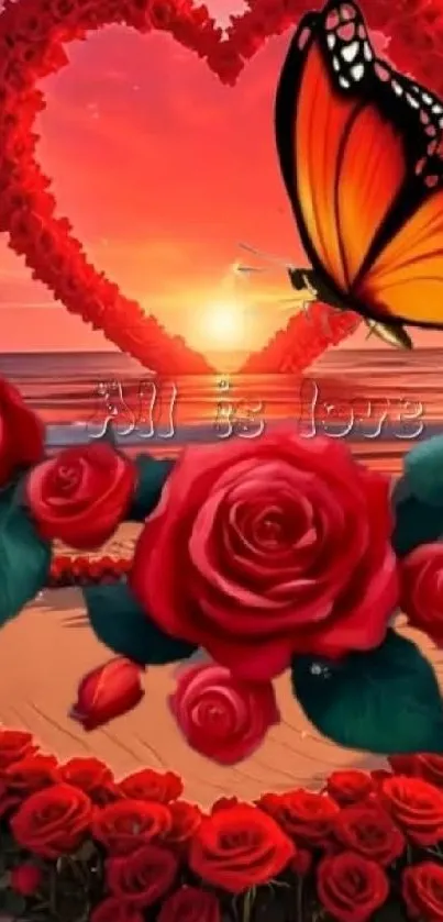 Romantic wallpaper with red heart, roses, and butterfly.