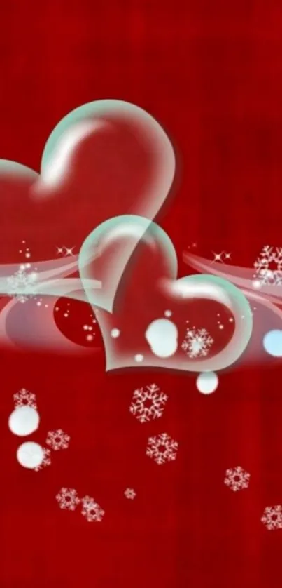 Romantic red heart wallpaper with snowflakes.