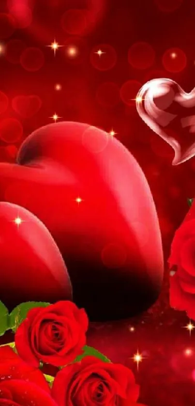 Romantic red heart with roses wallpaper.