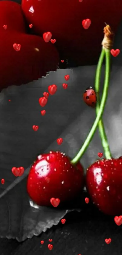 Mobile wallpaper with red hearts, cherries, and a ladybug on a leaf.