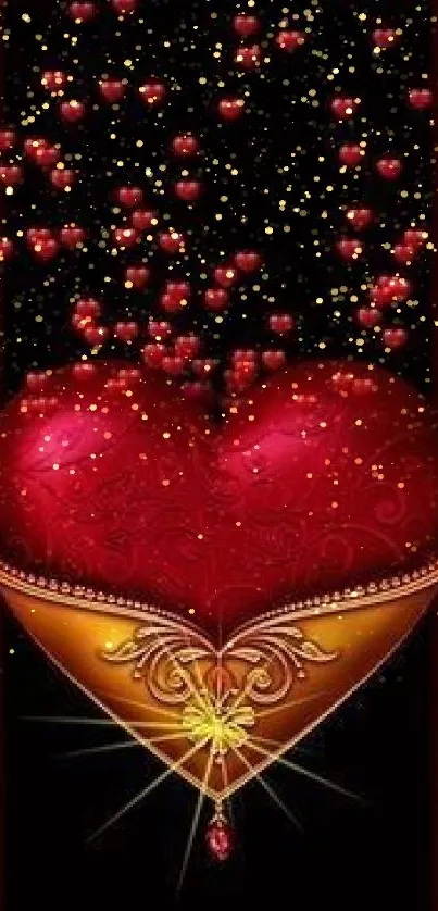 Romantic red heart wallpaper with ornate gold design and floating red hearts.