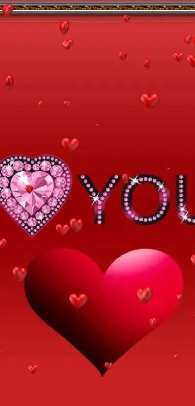 Red wallpaper with jeweled 'I Love You' and heart design.