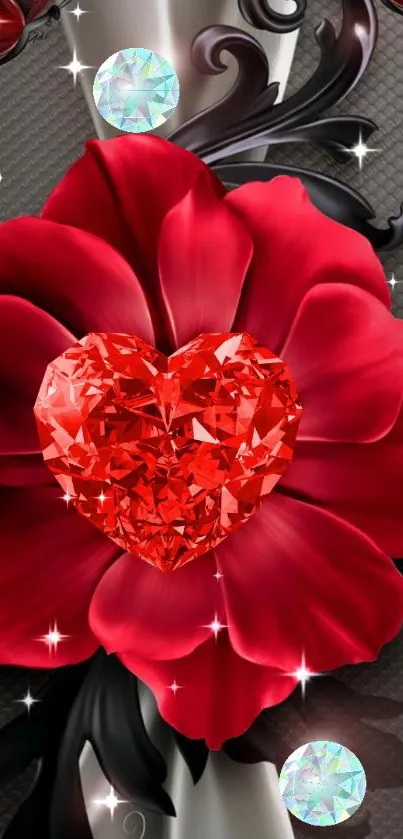 Red gemstone heart with vibrant petals and a black background.