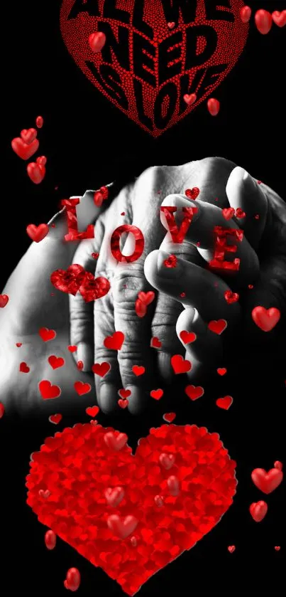 Romantic wallpaper with red hearts and intertwined hands.