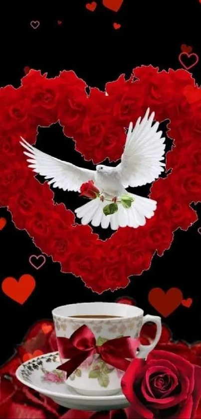 Romantic red heart wallpaper with dove and roses on black background.