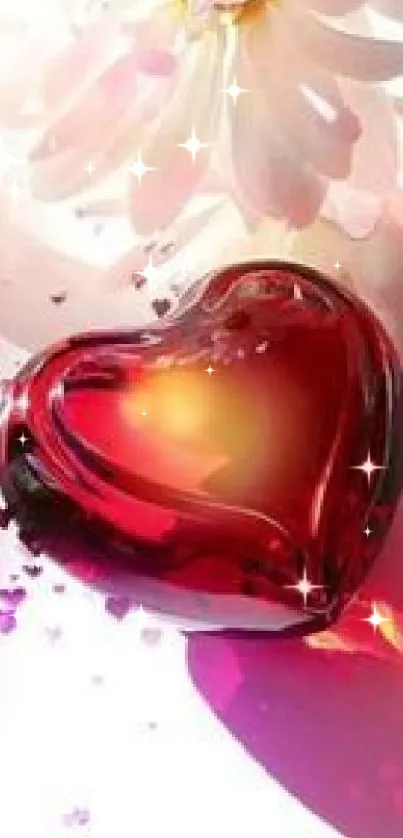 Shiny red heart on a floral background with soft light.