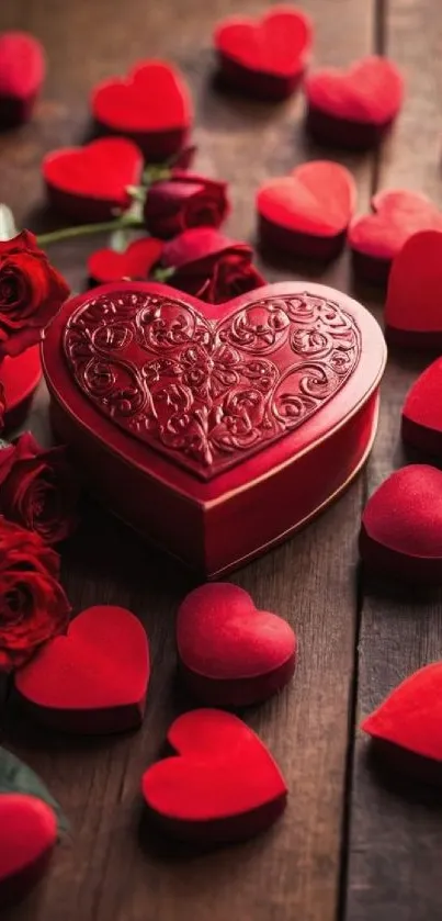 Red heart and roses on wooden background wallpaper.