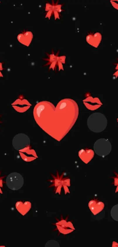 Romantic black wallpaper with red hearts, lips, and stars for phones.