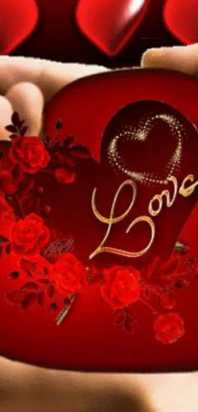 Romantic red heart with roses and love script on a wallpaper.