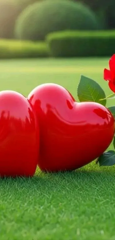 Red hearts and rose on green grass wallpaper.