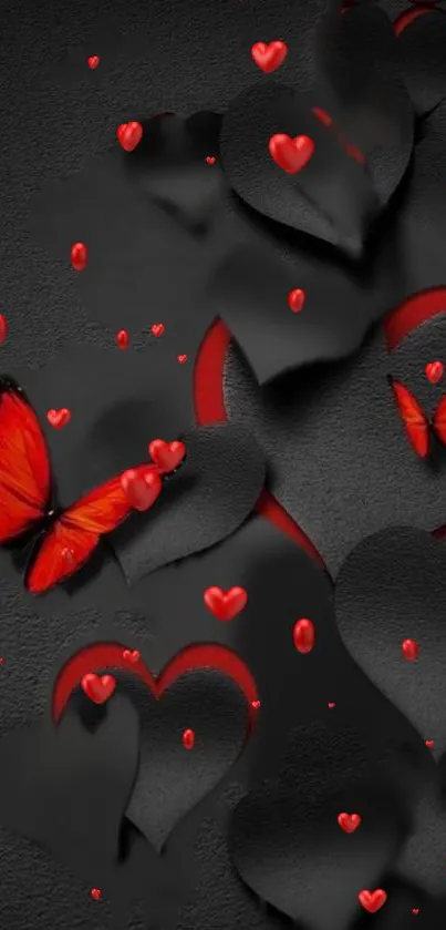 Red hearts and butterflies on a dark background.