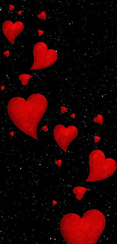 Mobile wallpaper with red hearts on a starry black background cascading downwards.