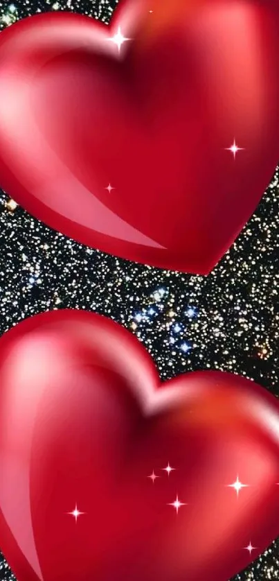 Two glossy red hearts on a starry background.