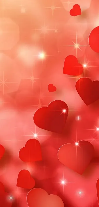 Romantic mobile wallpaper with cascading red hearts.