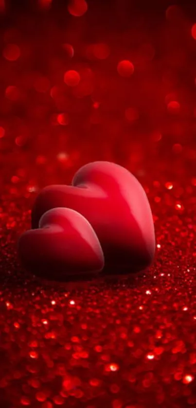 Romantic red hearts on a sparkling background for mobile wallpaper.