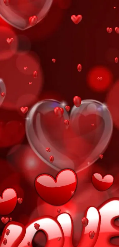 Red hearts background with LOVE text design.