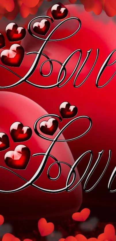 Romantic red hearts with 'Love' text for Valentine's wallpaper.