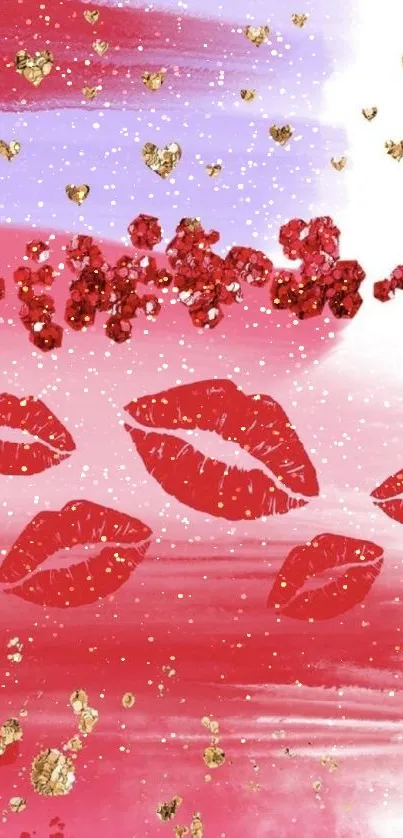Romantic wallpaper featuring red kisses and golden hearts on abstract background.
