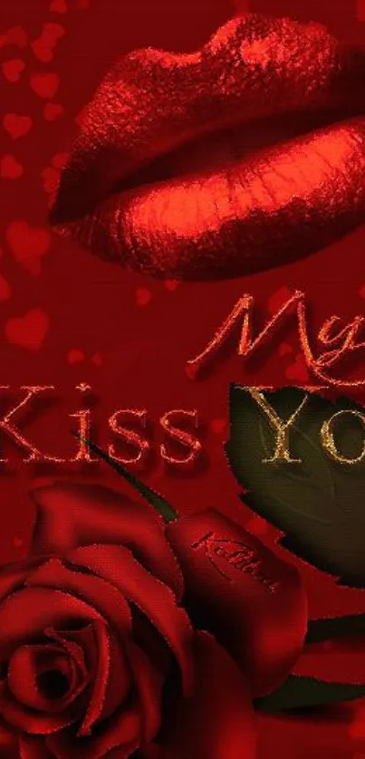 Romantic red kiss wallpaper with roses and a friendly phrase.