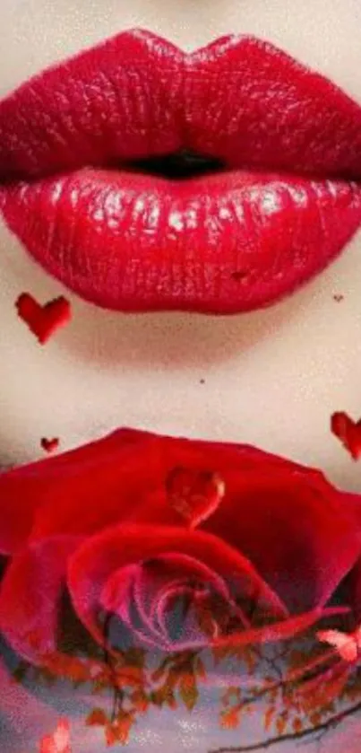 Vibrant red lips and roses mobile wallpaper with heart accents.