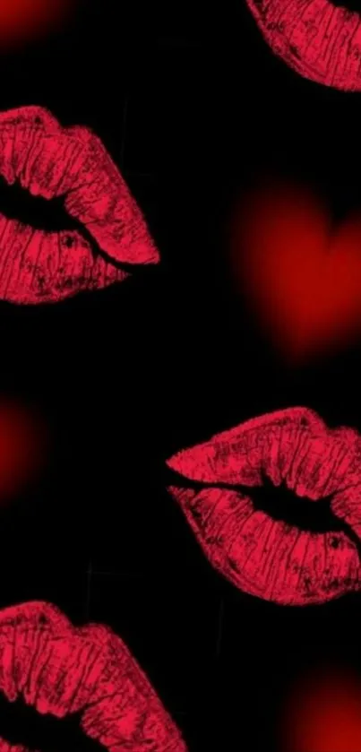 Red lips and hearts on dark background wallpaper.