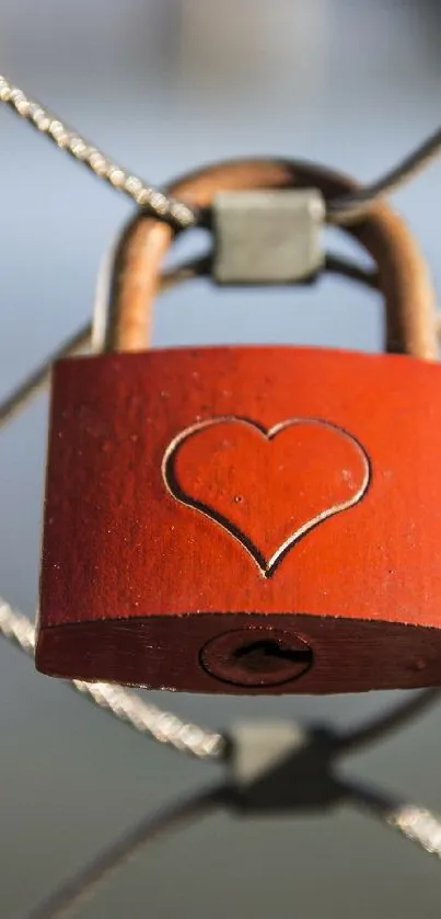 Red love lock with heart on a metallic fence wire.