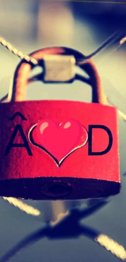 Red love lock on a fence with heart design.