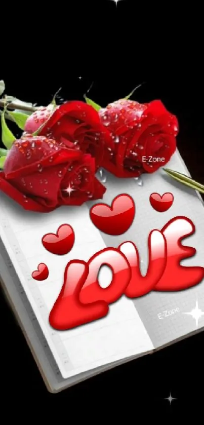 Red roses and love text wallpaper.