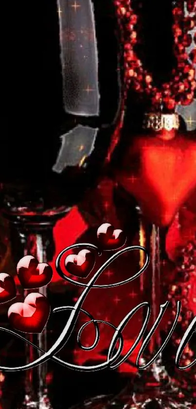 Romantic wallpaper with red hearts, wine glasses, and love text.