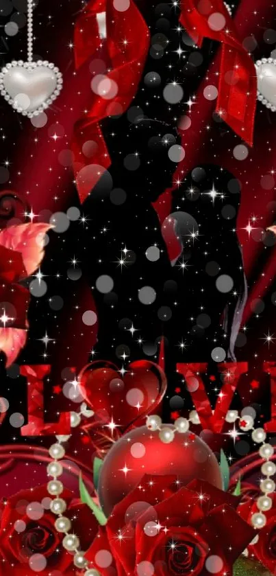 Romantic red love wallpaper with roses and a silhouette couple.