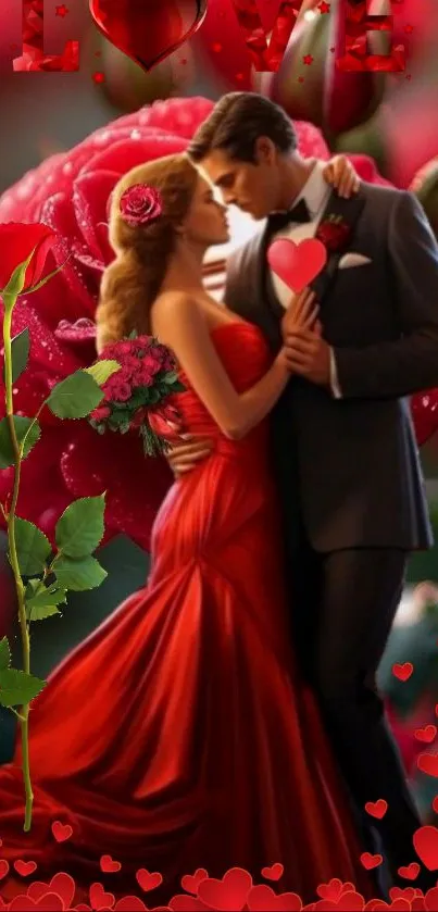 Romantic couple surrounded by red roses and hearts in a passionate embrace.