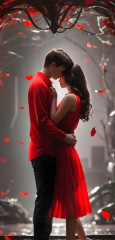 Romantic couple in red surrounded by falling petals on a mobile wallpaper.